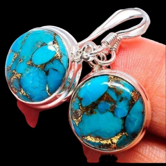 NEW Turquoise look round earrings fish hook 925 silver plated - Picture 4 of 4